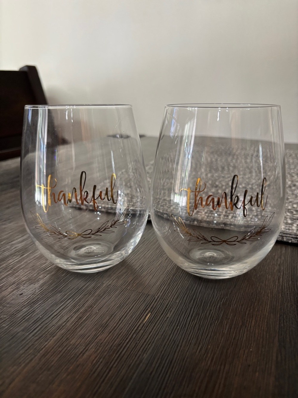 Thankful Stemless Wine Glasses - Gold Script (Set of 2)